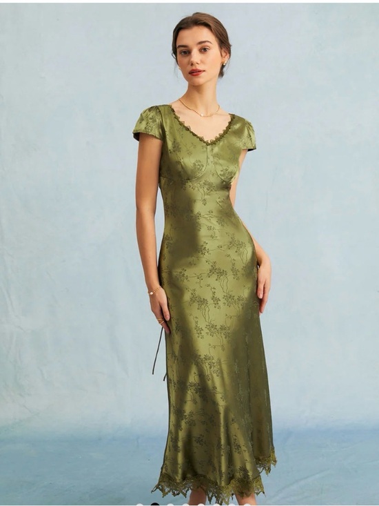 RIHOAS Dresses & Skirts - NWT Rihoas Olive Green Jacquard Cap Sleeve Satin Midi Dress XL Cottagecore
